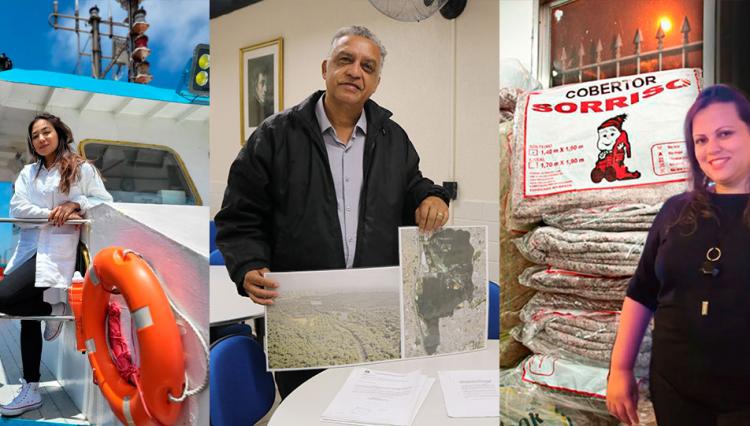Imagens de três alunos do Centro Universitário Assunção, com seus projetos sustentáveis. Na esquerda, uma jovem morena está a bordo de um navio de pesca; Ao centro, um senhor está segurando imagens aéreas de um parque; E na direita, temos uma mulher adulta com cobertores populares, produzidos para doação.